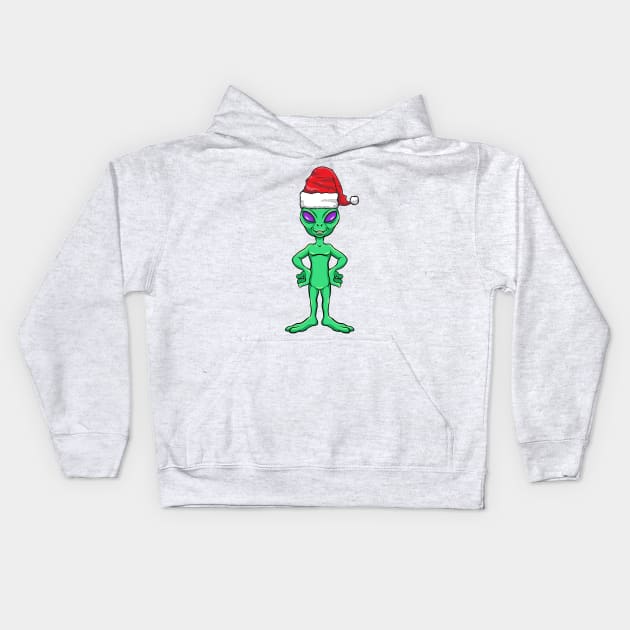 Santa Hat-Wearing Little Green Alien Funny Christmas Holiday Kids Hoodie by Contentarama